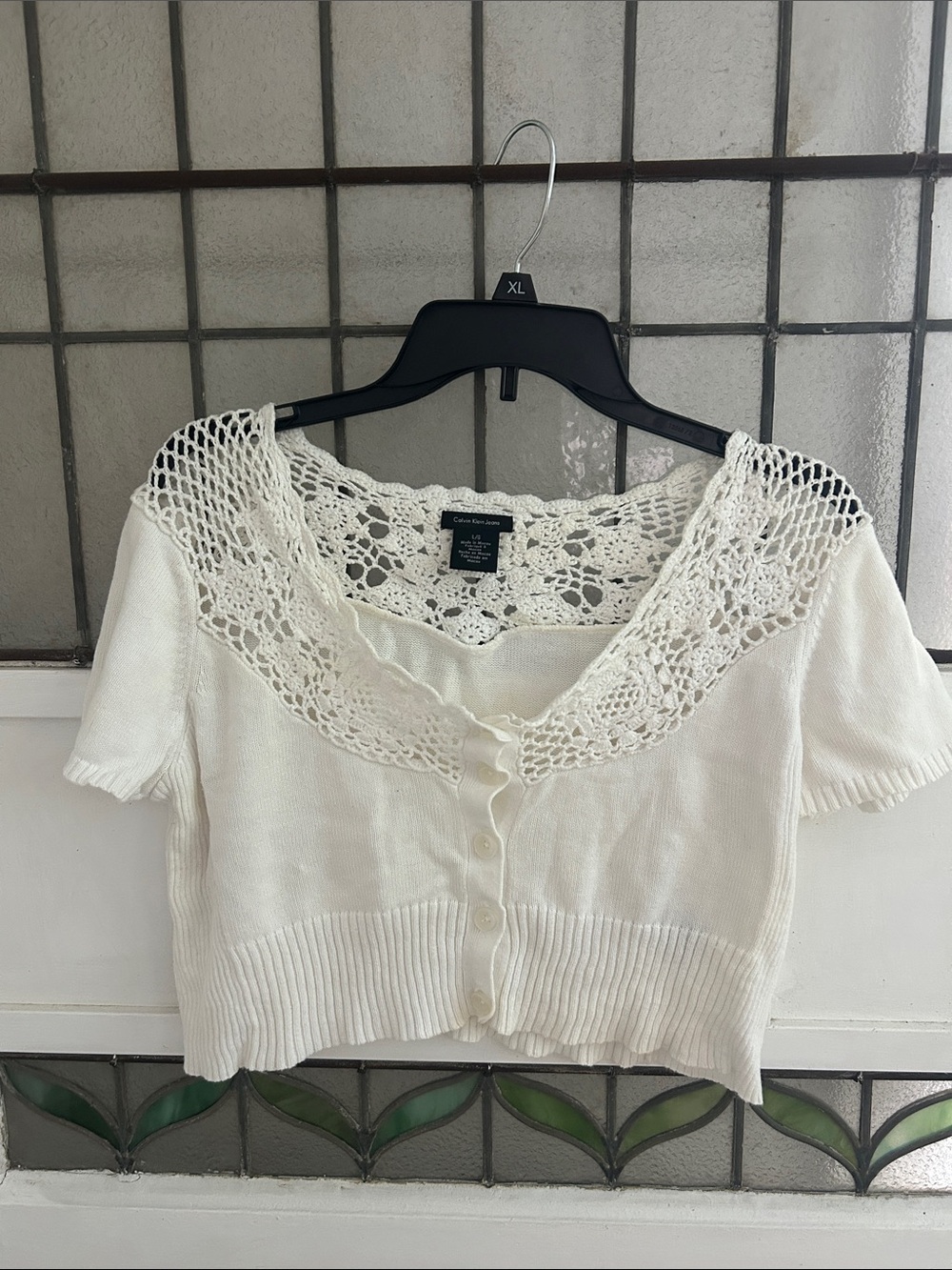 Calvin Klein Jeans Cream Crochet Yoke Crop Cardigan